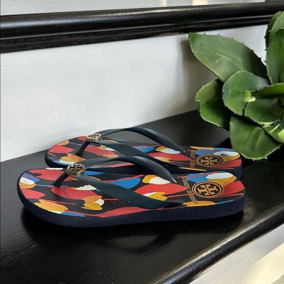 Tory Burch Women’s Flip-Flop Thong Sandals – Colorful Print Logo Beach Slides - Picture 3 of 6